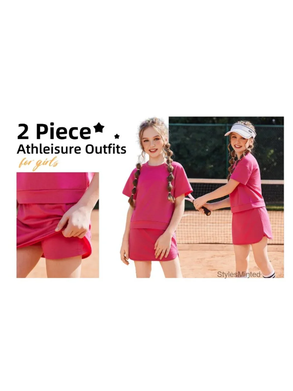 Girls 2 Piece Outfit Short Sleeve Drop Shoulder Athletic Skirt with Built-in